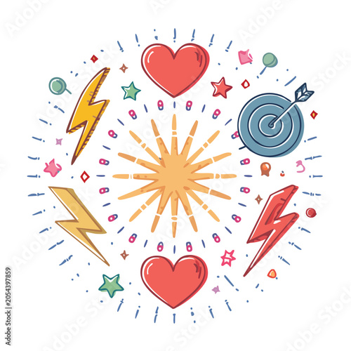 Flat design sun with hearts and gears vector