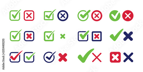 Foto Selection Symbols: A collection of graphic design elements featuring various checkmark and cross symbols, representing choices, approvals, and rejections in a clean, organized layout