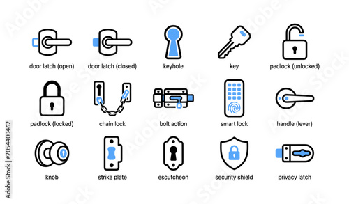 Door and lock icons showing keys latches and security