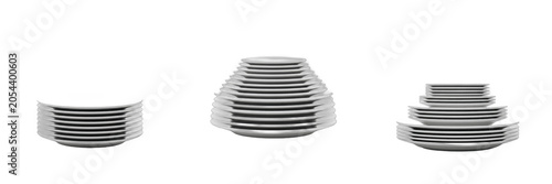 Tableau sur toile Set of stacked white ceramic plates and porcelain dishes isolated on white backg