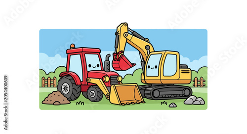 Cute cartoon tractor and excavator with happy faces working on a construction site with dirt and rocks