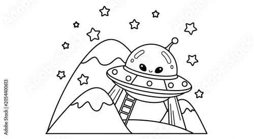 Cute Kawaii UFO spaceship landing on alien planet with mountains and stars, outline drawing for coloring book