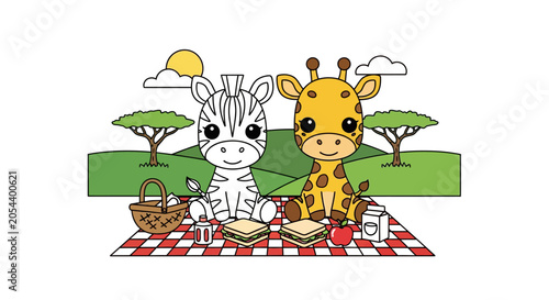 Cute cartoon zebra and giraffe enjoying a picnic in the African savanna with sandwiches, apple, and drinks.