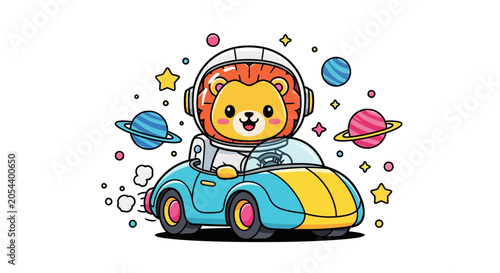 Cute cartoon lion astronaut driving a futuristic car through outer space with planets and stars