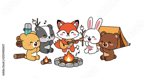 Cute cartoon animals singing and playing guitar around campfire at night, camping adventure, happy friends