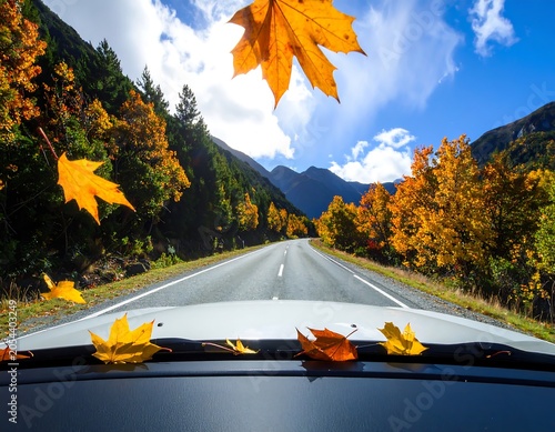 View from a car's dashboard as it travels down a road, with autumn leaves falling and colorful trees lining the way