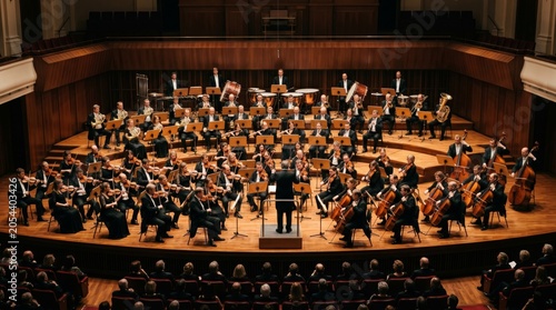 A diverse orchestra performing in a grand concert hall, showcasing musicians in elegant attire, creating a harmonious atmosphere.