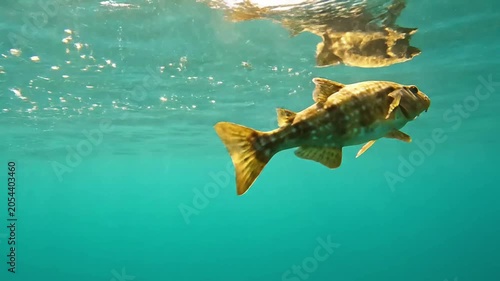 Two fish swimming underwater in ocean.