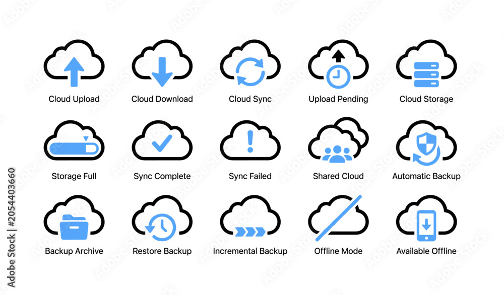Obraz premium Collection of cloud backup and sync icons arranged in grid