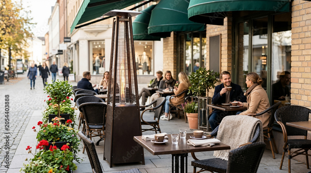 Obraz premium Smiling couple at an outdoor cafe table with a glowing pyramid patio heater. People dining on a cozy sidewalk terrace along a cobblestone street