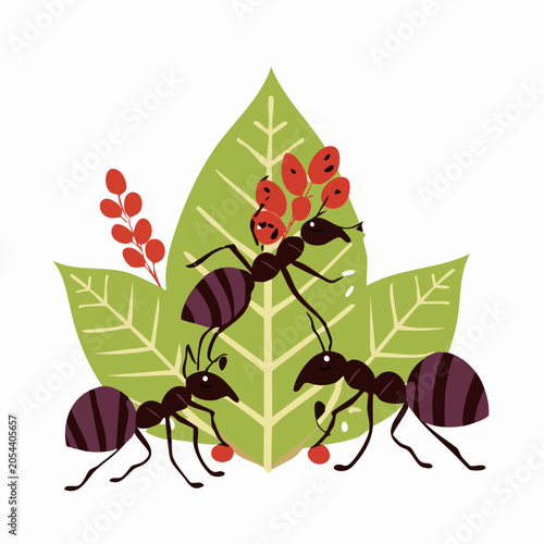 Cartoon Ants Carrying Berries on a Leaf