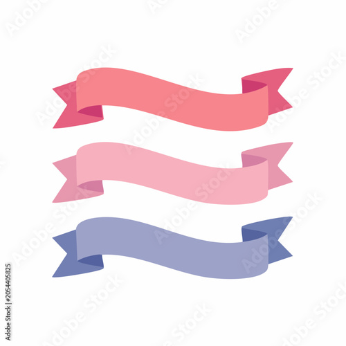 Set of three pastel colored ribbons on white background