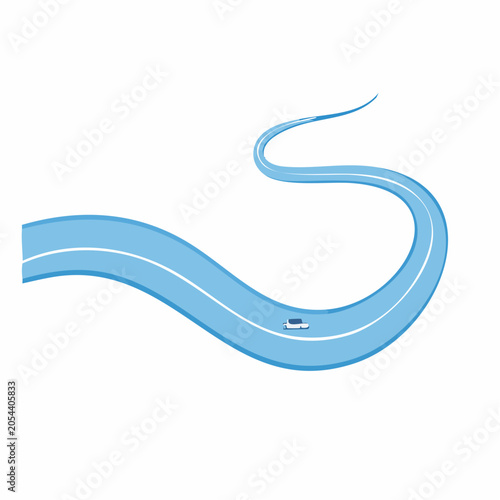 Winding Blue Road with a Single Car