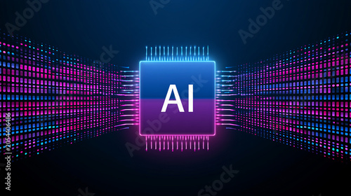 Artificial intelligence CPU microchip with glowing neon digital data streams.
