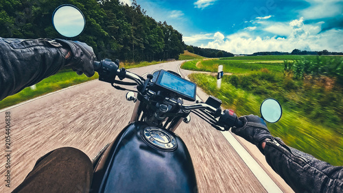 Bild auf Leinwand Riding classic retro motorcycle  naked bike on land road curves on sunny summer