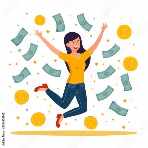 Woman Jumping with Money Falling Around Her