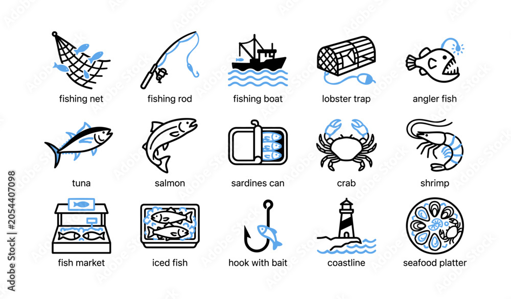 Fototapeta premium Fishing and seafood icons displayed in a four by four grid