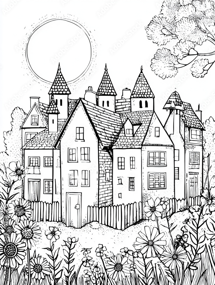 Naklejka premium Black and white coloring page named Housing depicting a dense hillside town with narrow European-style houses, pine trees, a bright sun, and foreground plants.