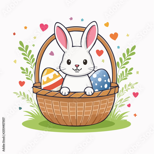 Cute Easter Bunny in a Basket with Decorated Eggs