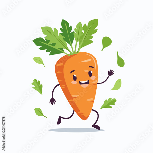 Happy Cartoon Carrot Running with Leaves