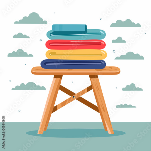 Stack of Folded Towels on a Wooden Stool with Clouds