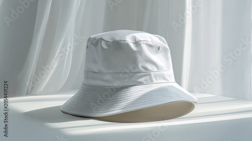 Minimalist white bucket hat with adjustable strap and ventilation holes for summer fashion