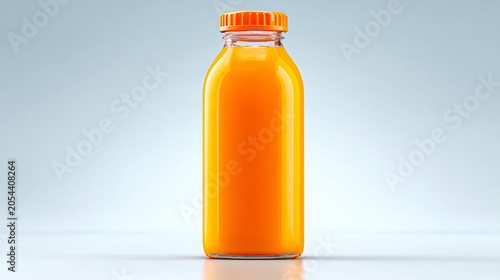 Freshly squeezed orange juice in clear glass bottle with orange lid for healthy drink