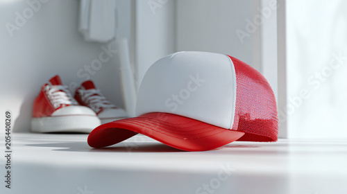 Red and white baseball cap with sneakers on white shelf lifestyle photography