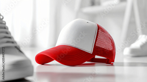Red and White Mesh Cap Stylishly Placed Near Athletic Shoe on Modern Surface