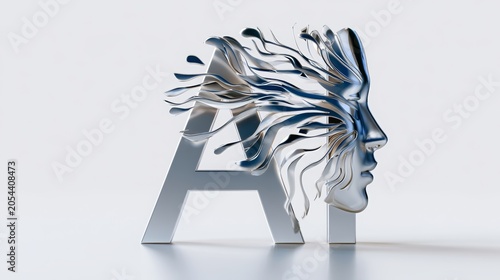 Artificial intelligence concept with metallic ai letters and a dissolving human face merging into abstract silver waves, symbolizing advanced machine learning