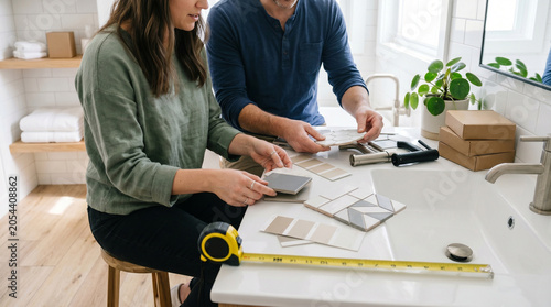 Couple Comparing Grout Tile And Fixture Samples In Bathroom Update