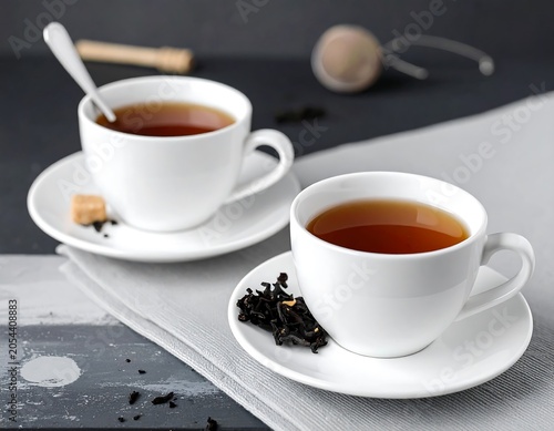 Two white cups filled with dark liquid sit on saucers, a spoonful rests in one. Tea leaves and a sugar cube are nearby