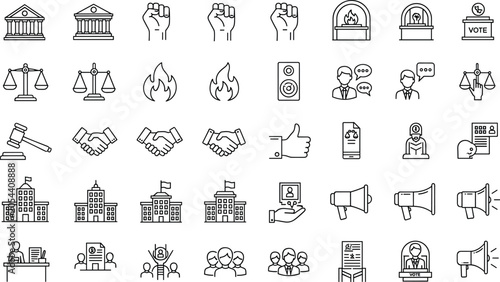 Tableau sur toile Collection of black-and-white line icons representing politics, government, law,