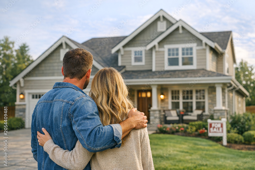 Fototapeta premium Couple stands together in front of a house with a for sale sign. The house has gray siding and white trim. It has a well-kept lawn and porch lights on. The couple appears happy and relaxed
