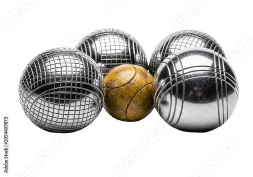 hyper-realistic close-up of four industrial steel grey pétanque boules with etched grids tightly surrounding an oxidized yellow cochonnet on a high-gloss white surface with reflections and copy