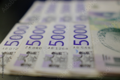 Foto Close-up of 5000 Serbian dinar banknotes