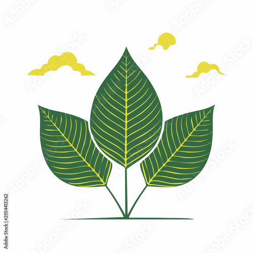 Stylized Green Leaves with Yellow Clouds and Sun