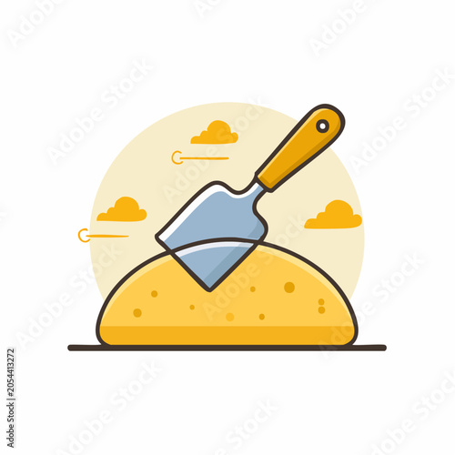 Trowel digging into sand dune with clouds