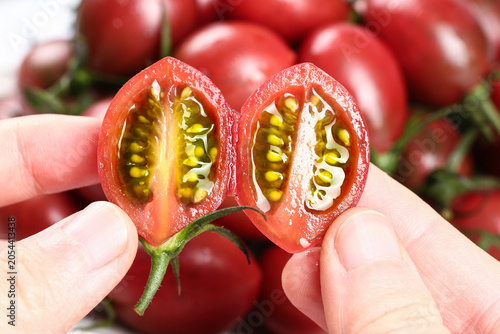 Tableau sur toile Fresh Cut Tomato Cross Section with Seeds and Harvest Background