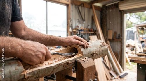 Woodworker using a chisel to hollow out a tree log in a carpentry workshop