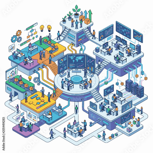 Isometric illustration of a modern business workflow, depicting people working in interconnected departments with digital interfaces and data visualization