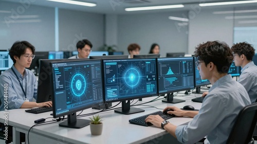 Cybersecurity operations team monitoring secure network dashboards in enterprise control room