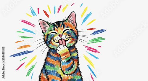 Colorful Rainbow Kitten Drawing Licking Paw