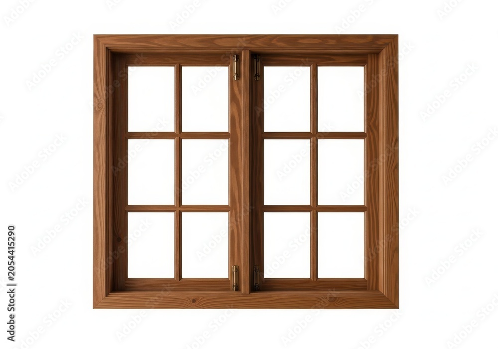 Fototapeta premium Classic wooden window frame with grid panes isolated on white background for architectural design