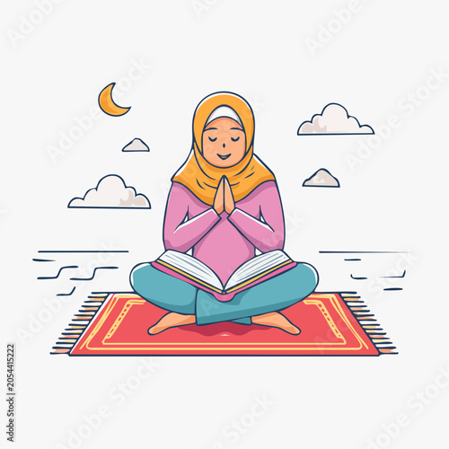 Muslim Woman Praying and Reading on Prayer Mat