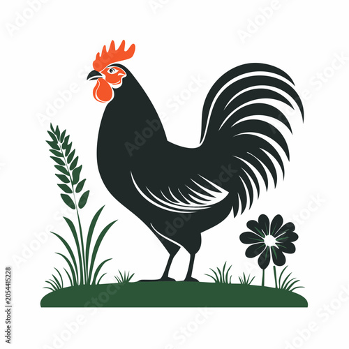 Stylized Black Rooster with Orange Comb and Wattle