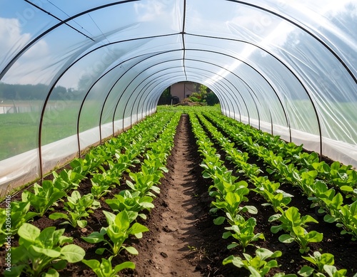 View inside a transparent tunnel structure protecting rows of young, vibrant green plants growing in rich, dark soil