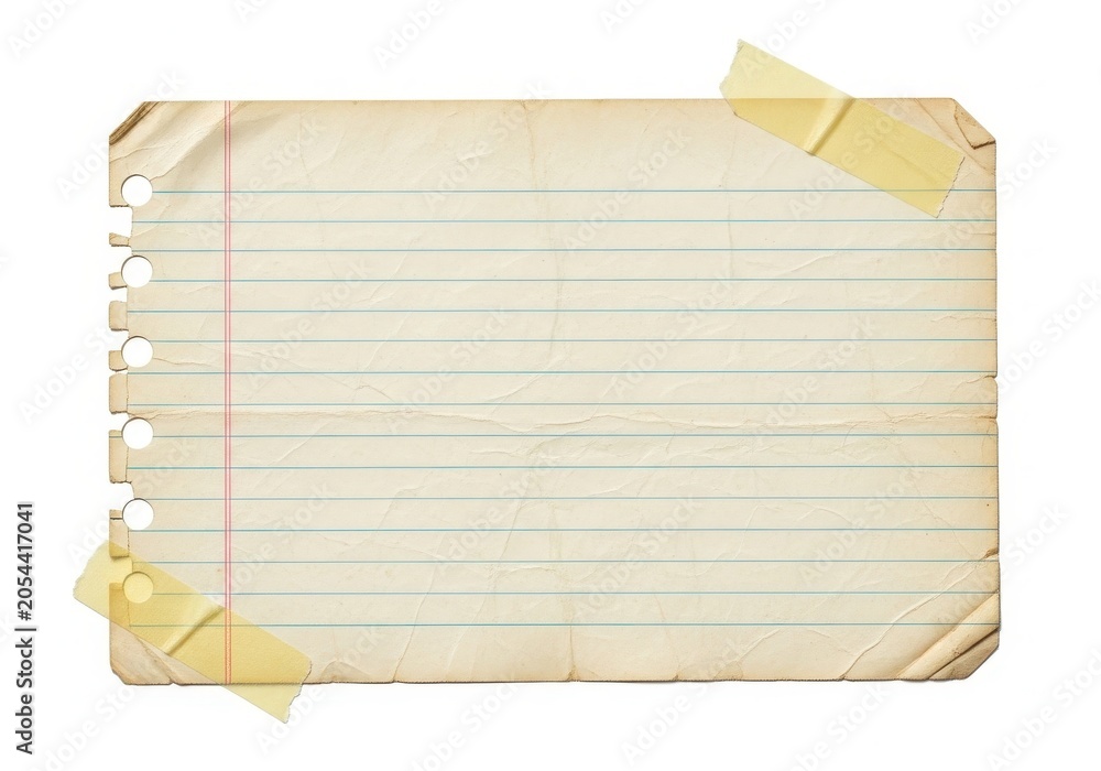 Fototapeta premium Vintage lined paper note with torn edges taped to surface for old school message or scrapbooking