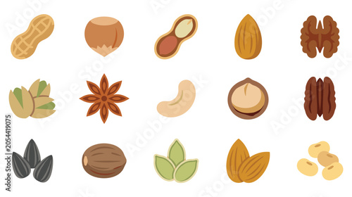Photography Healthy assorted nuts and seeds collection flat icons.