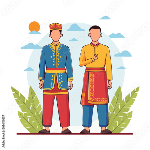 Men in Traditional Clothing Flat Illustration